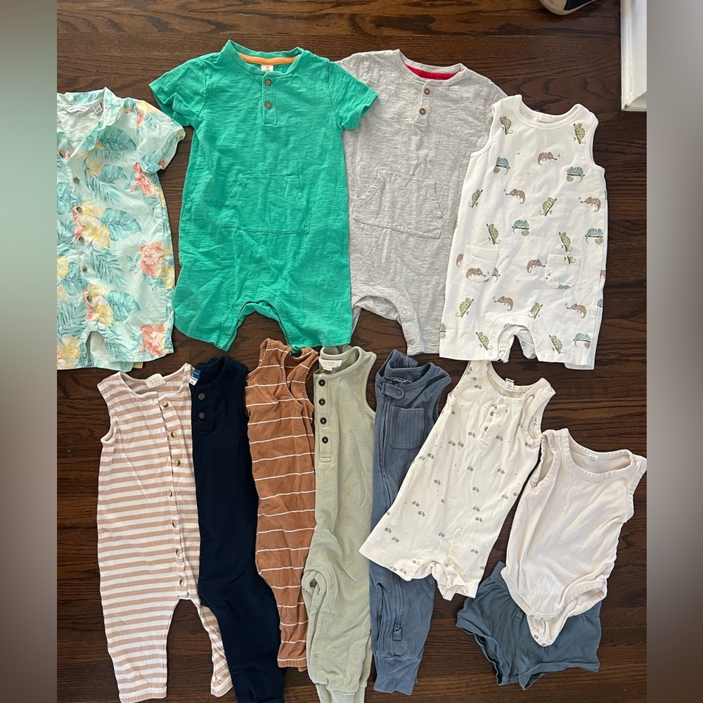 Lot of 12 Toddler Boys Summer Rompers PETIT LEM, KENDI, COLORED ORGANICS